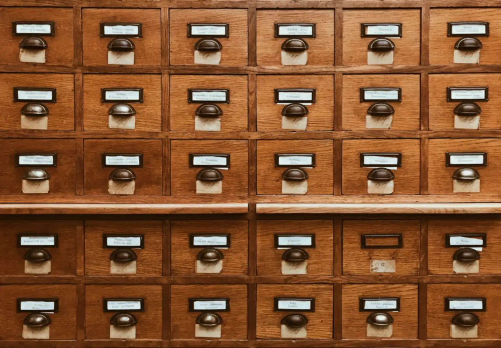 Meuble de classement en bois à tiroirs étiquetés